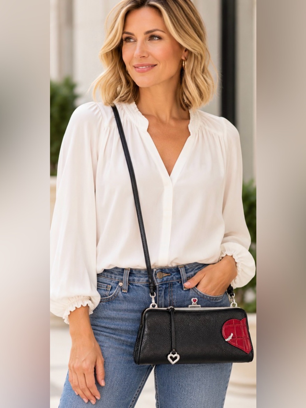 Brighton Black Leather Clutch with Leather Strap Red Heart Accent With Photo